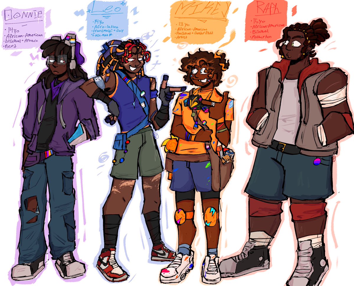 EclairCookie8's tweet photo. ROTTMNT human designs I made :DD I love these goobers sm oml- #rottmnt #rottmnthumandesigns #TMNT #rottmntfanart https://t.co/G7Bg6acswJ
