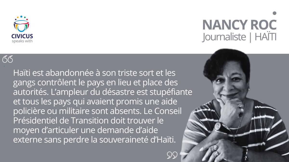 👥On a parlé sur l’augmentation de la violence des gangs et la situation politique en #Haiti avec @TheNancyRoc, journaliste indépendante. 
🔗web.civicus.org/NancyRoc_FR
#CIVICUSLens
.
@CombiteD @Fineste2