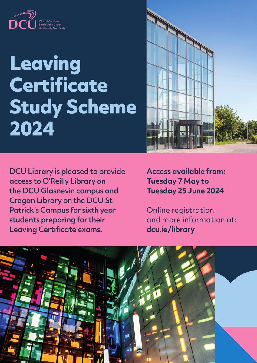 Our popular Leaving Certificate Study Scheme will run from 7th May-25th June. 6th year students are invited to study in Cregan Library and O'Reilly Library - more than 1650 students registered for the scheme last year! More details and registration here bit.ly/4aFBcpf