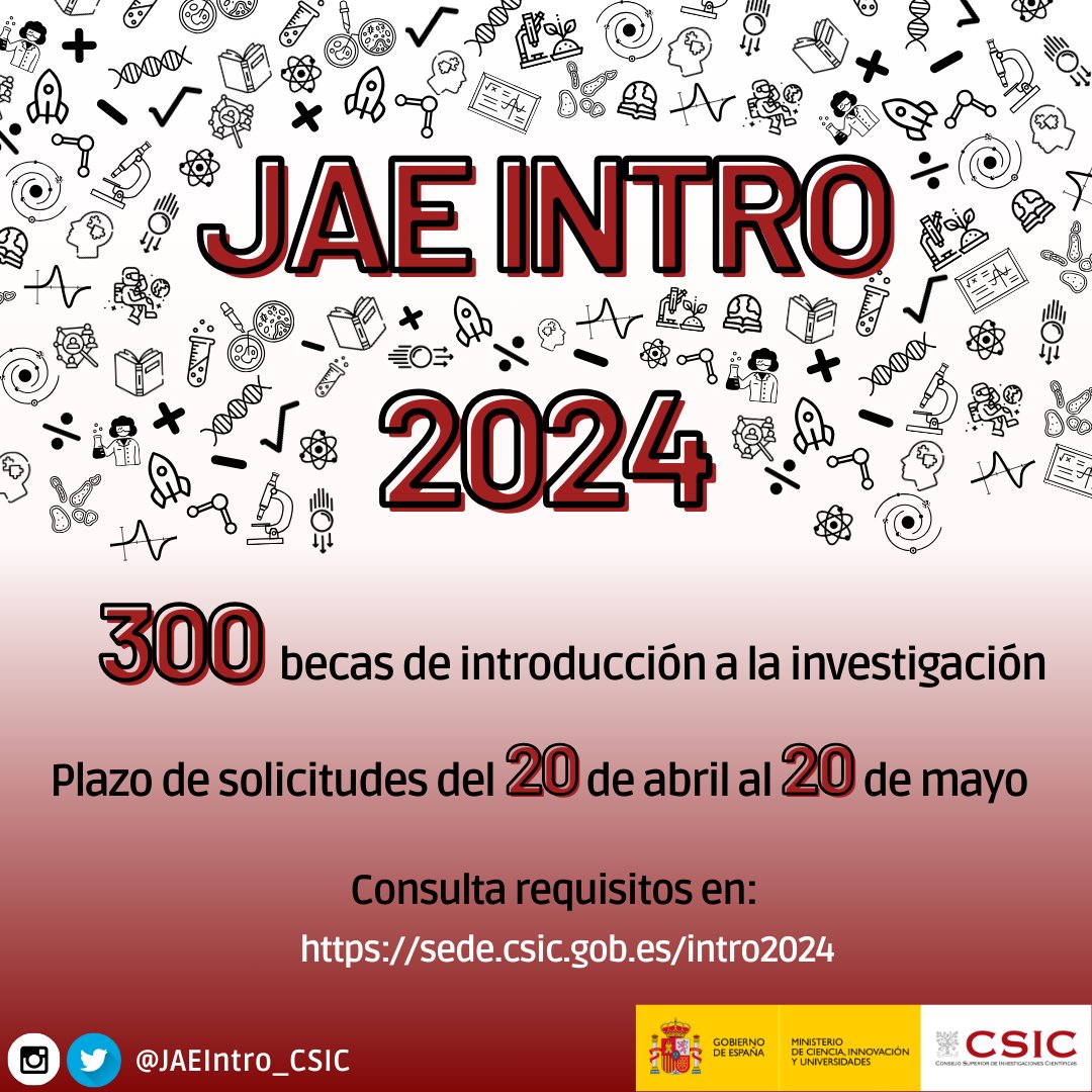 🎊¡Publicada la Convocatoria JAE INTRO 2024!🎊

🧬Ofertamos 300 becas de introducción a la investigación en diferentes ámbitos de estudio. 🧬

⌛Plazo de inscripción: del 20 de abril al 20 de mayo⌛

🌐➡️ Consulta toda la información en sede.csic.gob.es/intro2024