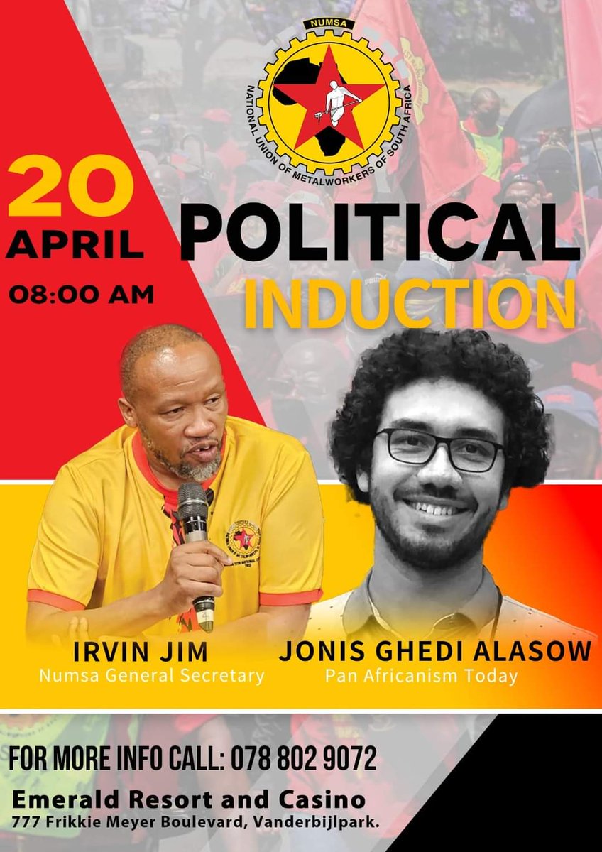 🔴Do not forget!!🔴 Political induction is taking place this Saturday on the 20th of April and it is being hosted by the Sedibeng Region. The GS of NUMSA Irvin Jim will be addressing shopstewards Details below 👇🏾 #ForTheLoveofTheWorkingClass ❤️🖤💛 @IrvinJimSA