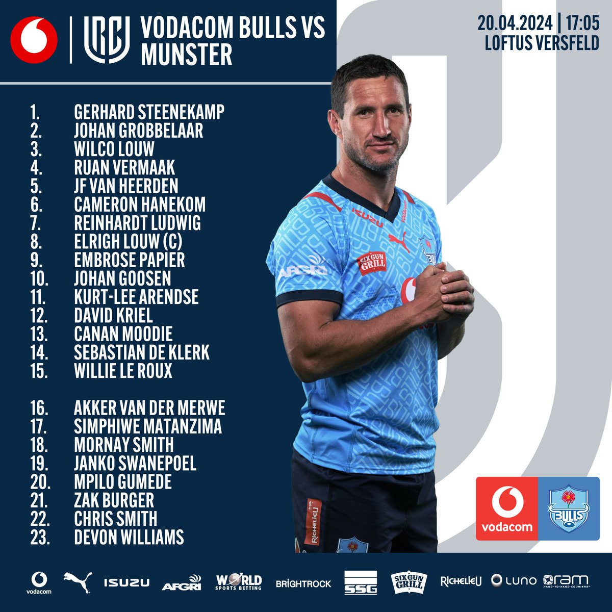 YOUR team to face the @Vodacom #URC defending champs tomorrow 💥🐂 🏉Vodacom Bulls vs Munster 🗓️20 April 2024 📍Loftus Versfeld ⏰17:05 🎤GATES OPEN AT 14:00 🎟️TICKETS: bitly.ws/3bP2f #BackTheBulls @URCOfficial_RSA