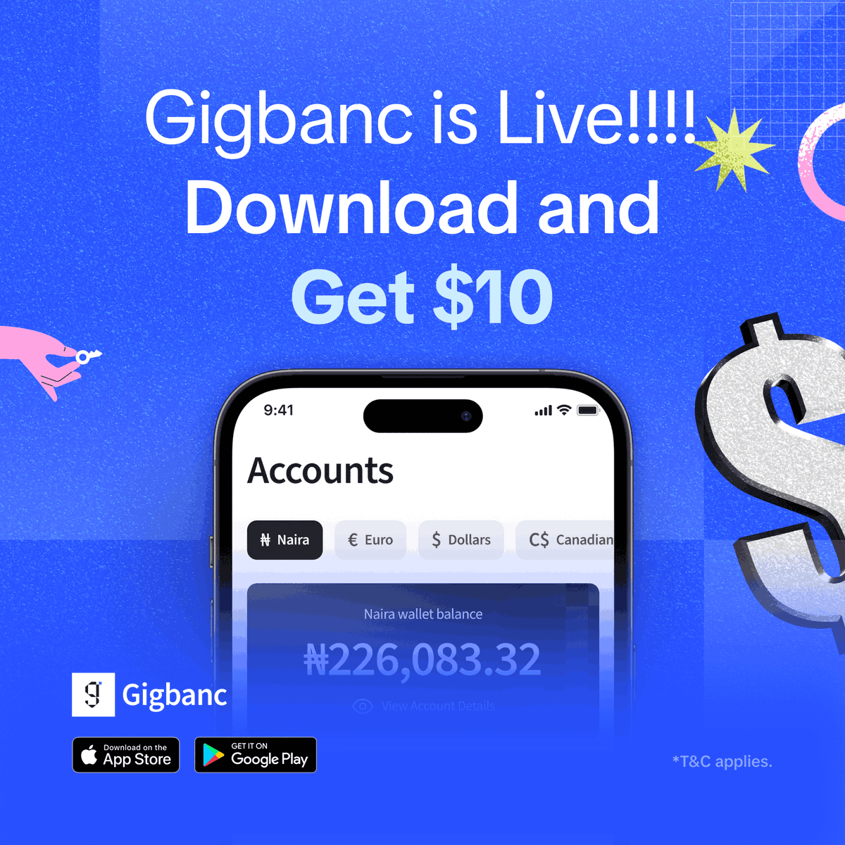The wait is over!  Gigbanc is officially LIVE!  

We have room for 100 lucky people to win $10 this month, and the rules are simple:
Download Gigbanc 
Sign up 
Leave a review on App or Play store  

And boom! You're eligible to be one of the lucky winners.
