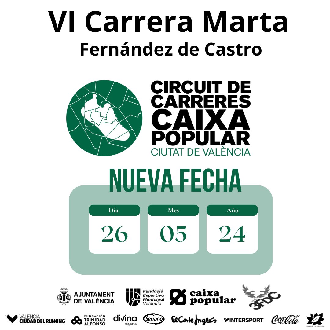 🔊¡Nueva fecha! 👉Con motivo de la celebración de las elecciones europeas el 9 de junio, la VI Carrera Marta Fernández de Castro se adelanta al próximo 26 de mayo. #Valencia #Deportes #CircuitCaixaPopular