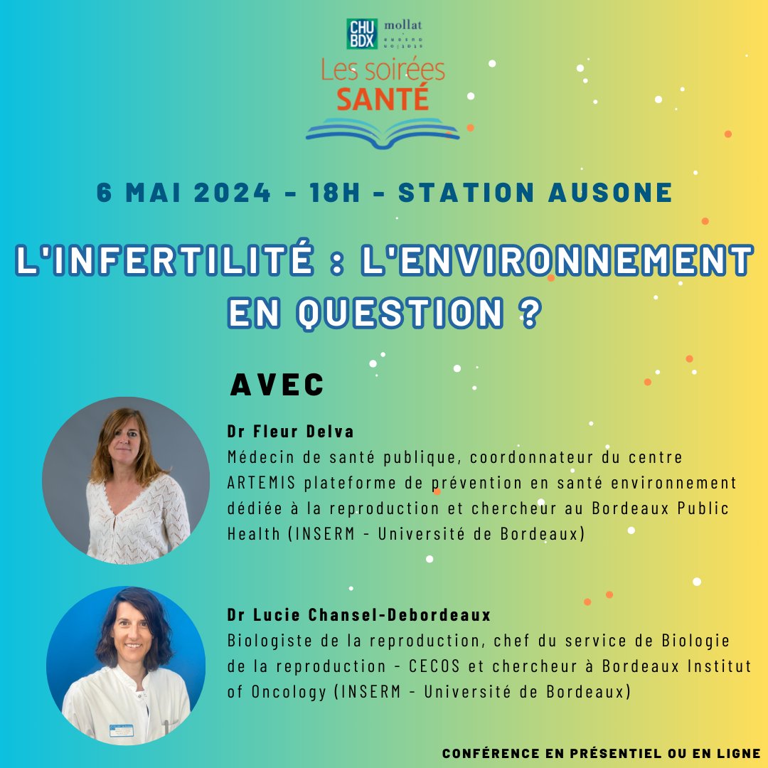 [#SOIREE SANTE] @CHUBordeaux et @librairiemollat 'L'#infertilité : l'environnement en question ?' Avec le Dr Fleur Delva & le Dr Lucie Chansel-Debordeaux du @CHUBordeaux 🗓️Le 6 mai 2024 à 18h à la @StationAusone ou en ligne avec @librairiemollat! Infos: chu-bordeaux.fr/Espace-m%C3%A9…