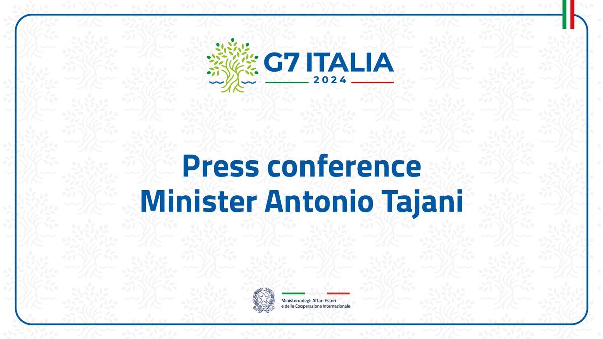 #G7Italy | Press conference of the Minister of Foreign Affairs and International Cooperation @Antonio_Tajani at the conclusion of the @G7 Foreign Ministers' meeting in #Capri. #G7Italy Watch it live 👇 youtube.com/watch?v=VULd5e…