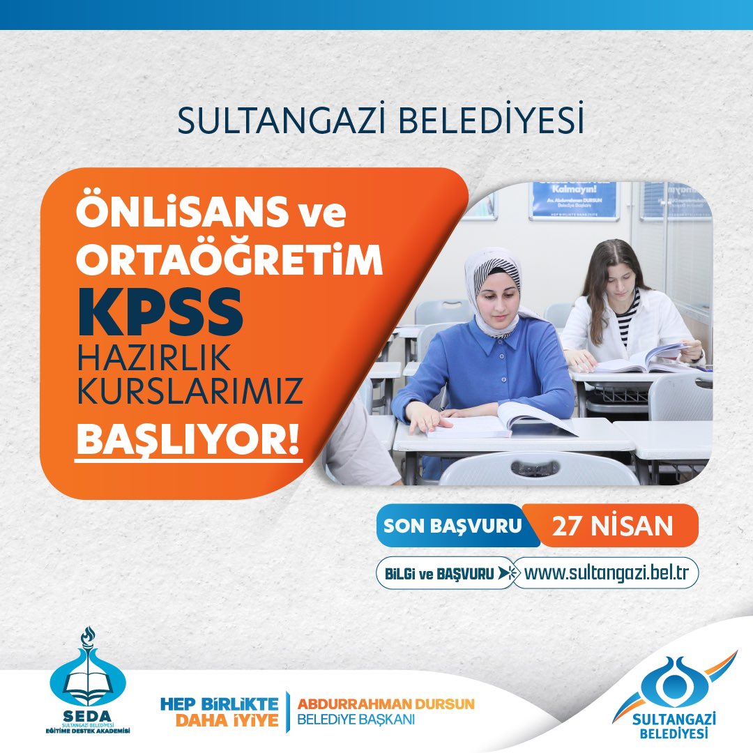 Ön Lisans ve Ortaöğretim KPSS Hazırlık kurslarımızın kayıtları başladı. 😊📚 🗓️ Son Başvuru: 27 Nisan 2024 🖱️ Bilgi ve Başvuru: sultangazi.bel.tr