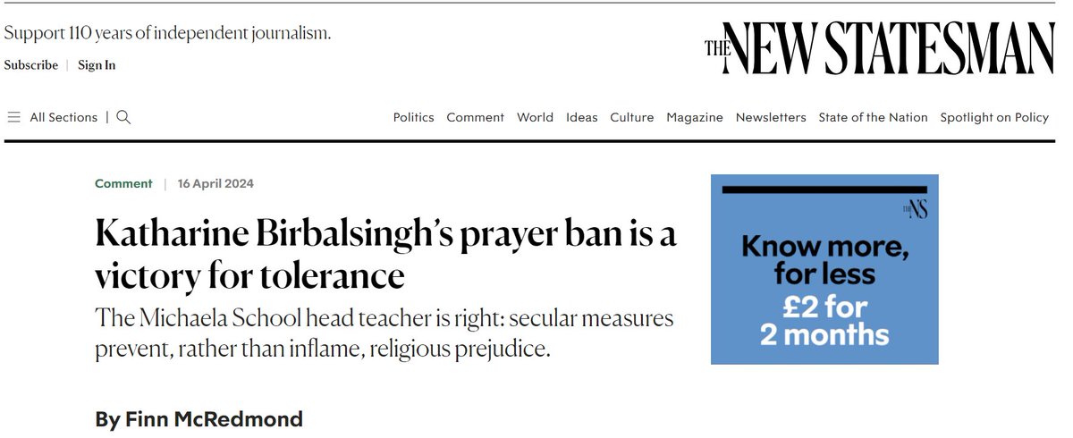 According to the New Statesman, preventing a 16 year old from praying on her lunch break is 'tolerance.' Go figure.