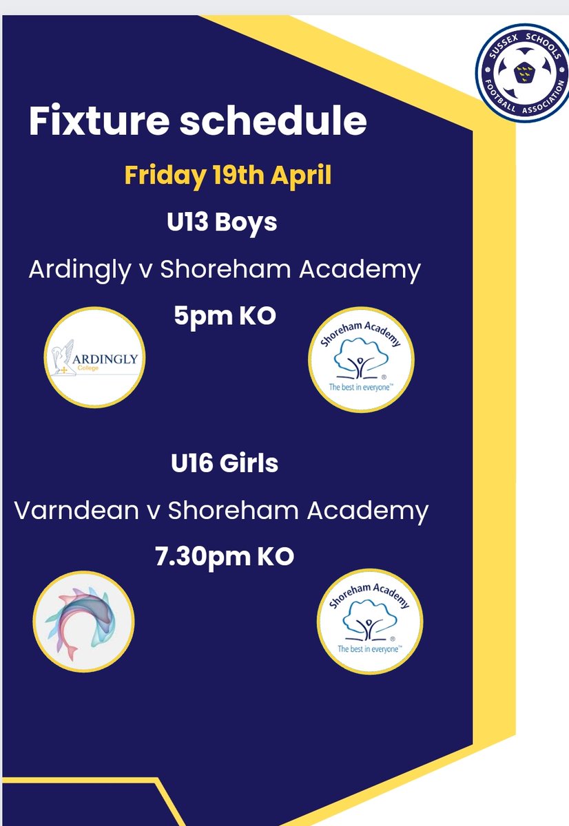 Sussex Schools FA (@sussexschoolsfa) on Twitter photo Tonight sees the start of series of school County Cup Finals.
<a href="/ArdinglyCollege/">Ardingly College</a> face <a href="/shorehamacademy/">Shoreham Academy</a> in the u13 boys final.
<a href="/varndean/">νΈμ </a> vs <a href="/shorehamacademy/">Shoreham Academy</a> is our evening fixture in the u16 girls final.
All finals held <a href="/SussexCountyFA/">Sussex County FA β½οΈ</a> and proudly sponsored by <a href="/PremierSports/">Premier Sports</a> Tonight sees the start of series of school County Cup Finals.
<a href="/ArdinglyCollege/">Ardingly College</a> face <a href="/shorehamacademy/">Shoreham Academy</a> in the u13 boys final.
<a href="/varndean/">νΈμ </a> vs <a href="/shorehamacademy/">Shoreham Academy</a> is our evening fixture in the u16 girls final.
All finals held <a href="/SussexCountyFA/">Sussex County FA β½οΈ</a> and proudly sponsored by <a href="/PremierSports/">Premier Sports</a>