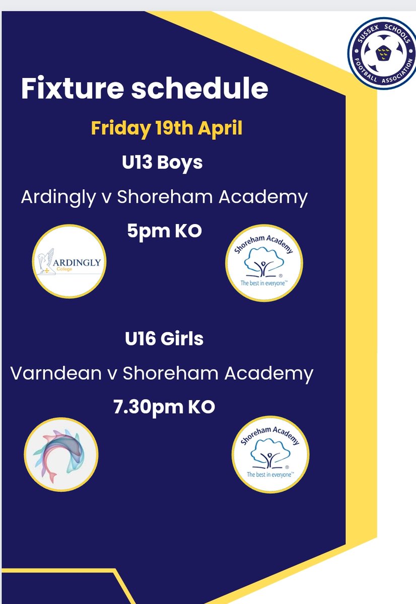 Tonight sees the start of series of school County Cup Finals. @ArdinglyCollege face @shorehamacademy in the u13 boys final. @varndean vs @shorehamacademy is our evening fixture in the u16 girls final. All finals held @SussexCountyFA and proudly sponsored by @PremierSports