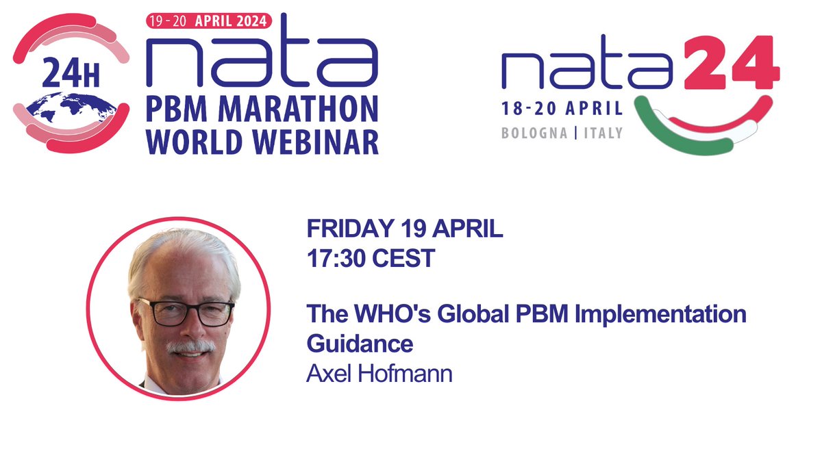 NATA 24H WORLD WEBINAR PBM MARATHON 🚀🌐Starting today at 17:30 CEST Join Axel HOFMANN, Jens MEIER & Sigismond LASOCKI for the launch session from #NATA24 The #PBM Marathon then travel around the world with 15 sessions finishing back at NATA tomorrow 👉nataonline.com/pbm-marathon-2…