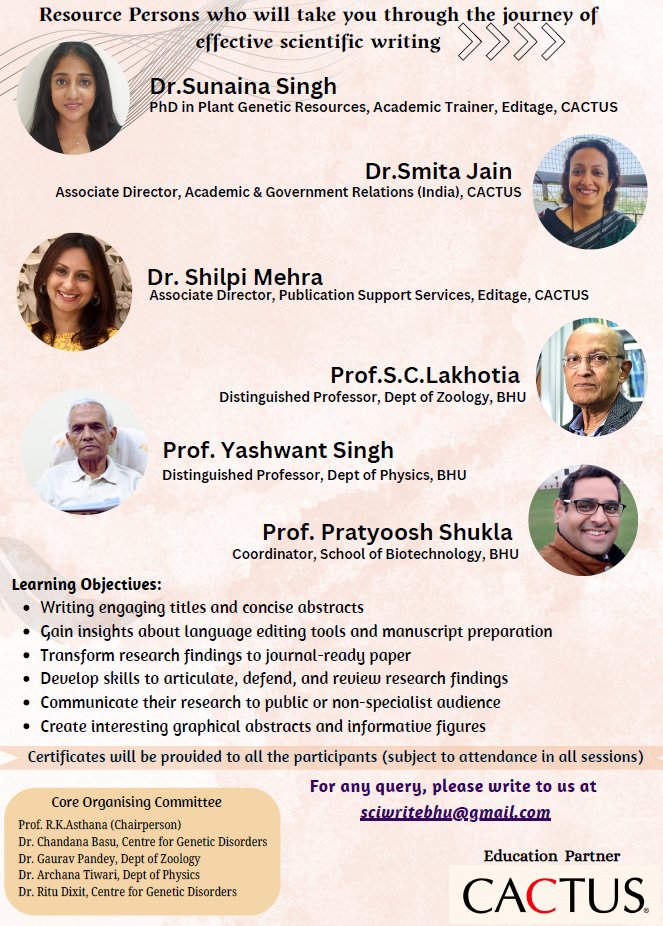 Student #Leadership and #LifeSkills Development Initiative, Institute of Science, #BHU, in collaboration with @Cactusglobal is organizing a two-day workshop on #ScienceCommunication, on April 25 & 26, 2024. #ScienceWriting #BanarasHinduUniversity @VCofficeBHU
