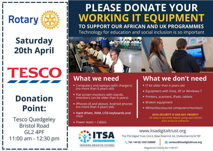 Please take your working computers, laptops and monitors to Tesco Quedgeley - Saturday 20th April 11.00 - 12.30. All data will be securely wiped. We will reuse the computers for educational and social projects. Please read details below #Gloucestershire @PunchlineGlos