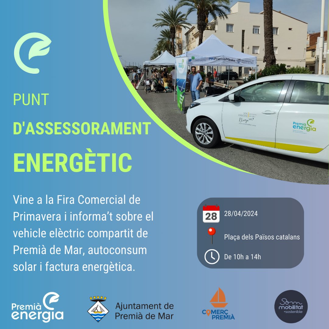 premiaenergia's tweet photo. 📌Fira Comercial de Primavera amb Comerç Premià.
📅Diumenge 28 d'abril de 10h a 14h.
@ajpremiademar @PremiaMedia_ @SomMobilitat  @SomMobPremiaMar https://t.co/4H9u2dFlNq