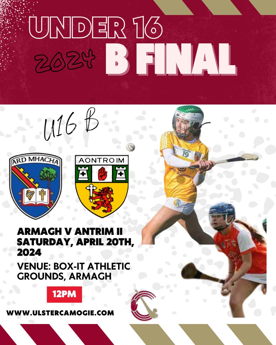 See below fixture information for the Ulster U16 B Final 👇🏻 Armagh V Antrim II Venue: Box-It Athletic grounds, Armagh Time: 12pm Date: Saturday 20th April Get out to support both teams! 🟠🟡 Tickets can be purchased here 🎟️ universe.com/embed2/events/… @Armaghcamogie