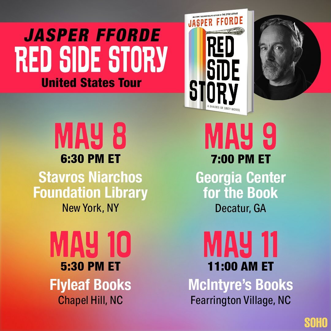 Yes, it's official. A short tour this year to test the water as I return to the US, and with hopefully a larger tour for Thursday Next VIII next year. See you all there! Full details on my events page: jasperfforde.com/appearances.ht… @soho_press #jasperfforde #redsidestory