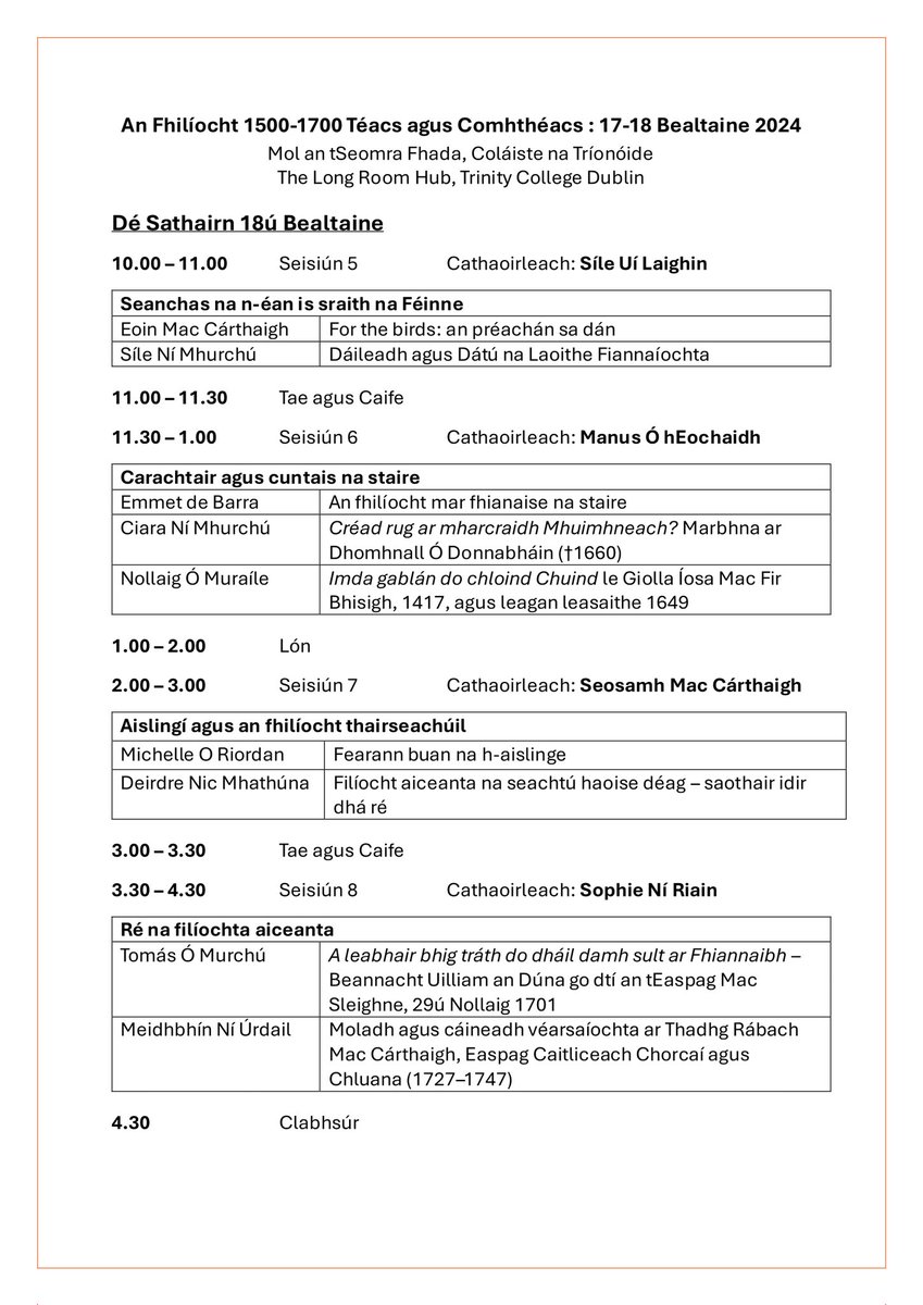 Comhdháil: An Fhilíocht 1500-1700 Beidh comhdháil á reáchtáil ag @TCDRnaGaeilge ar champas i Mol an tSeomra Fhada ar an 17ú-18ú Bealtaine. Pléifear ilghnéitheacht na filíochta agus a ról sa phobal idir 1500-1700. Fáilte roimh chách. Bígí linn! tcd.ie/Irish/gaeilge/…