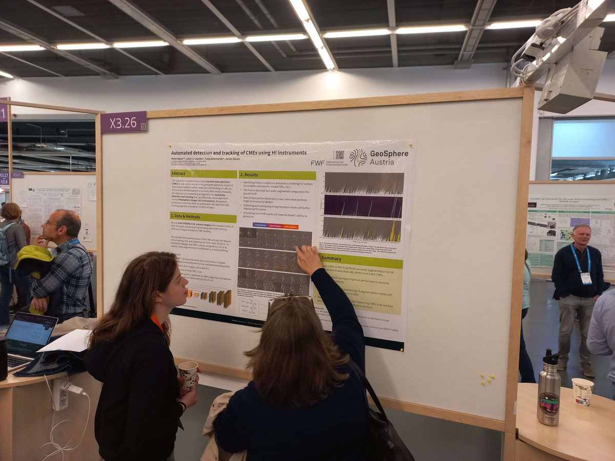 Our ⁦@ASWOGeoSphere⁩ PhD student Maike Bauer ⁦(@MaikeBauer2)⁩ presenting her poster on automatic detection of coronal mass ejections. #EGU24