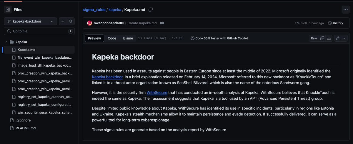 I have analyzed the awesome report about the Kapeka backdoor from @WithSecure  and generated Sigma rules for hunting.
github.com/swachchhanda00…
cc @bh4b3sh , @nas_bench