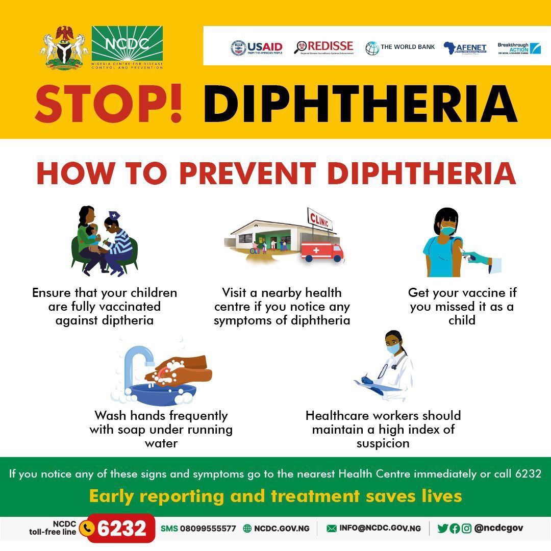 Share Facts NOT Fear❗ 🔗Visit our website for accurate information on #diphtheria and to stay informed! ➡️Factsheet: ncdc.gov.ng/diseases/info/D ➡️Public health advisory: ncdc.gov.ng/news/435/dipht… ➡️Healthcare workers advisory: ncdc.gov.ng/news/436/dipht… ➡️Situation reports: