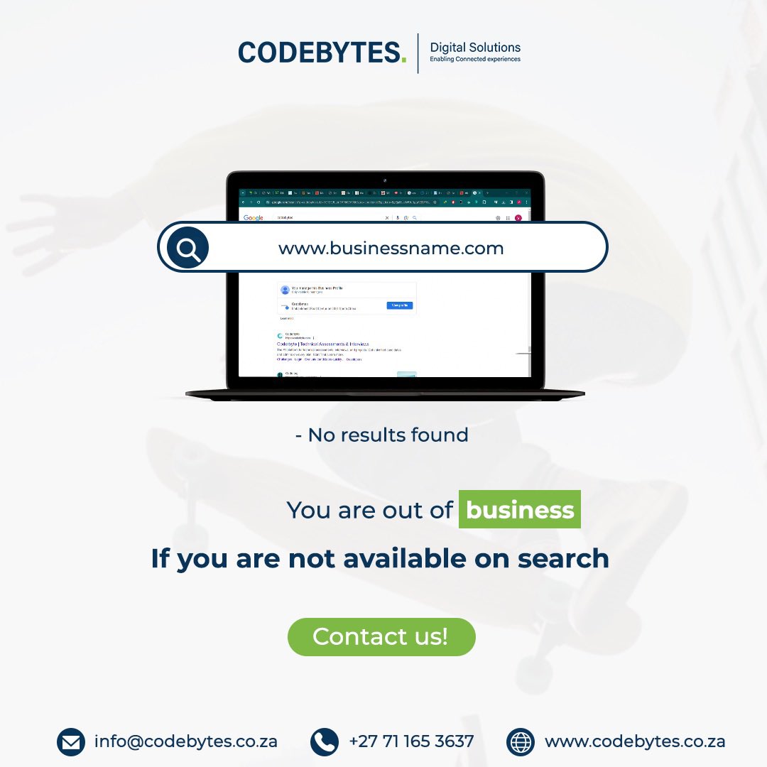 Is your business missing out on vital opportunities without a website? Let us help you establish a strong online presence to stay ahead in today's market. Be visible online with a professional designed website. 🌐 codebytes.co.za #websitedesign #webdesign #ECommerce