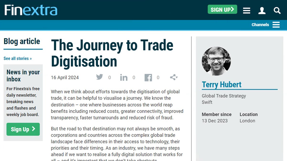 The industry is in the first phase of the journey to digital trade, and it’s important we don’t take shortcuts – says Terry Hubert, Global Trade Strategist at @swiftcommunity, in this blog for @Finextra. He argues that we must prioritise connectivity as a pillar for success, and…