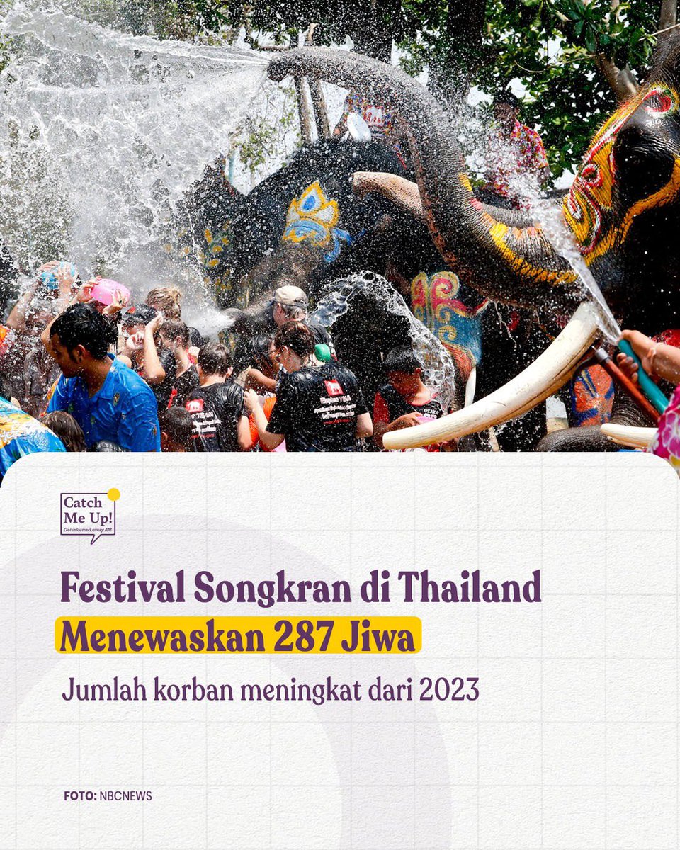 Festival Songkran di Thailand menelan korban jiwa Sebanyak 287 orang meninggal akibat kecelakaan lalu lintas selama tujuh hari Festival Songkran. Menteri Dalam Negeri Thailand Anutin Charnvirakul mengatakan, sebanyak 2.060 orang mengalami luka-luka. Kecelakaan terbanyak terjadi