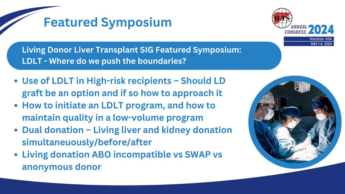 Join us at #ILTS2024 for the #LivingDonorLiverTransplant SIG Featured Symposium: 'LDLT - Pushing Boundaries.' Explore advancements in #LDLT. Topics include high-risk recipients, program quality, dual donation, & donor options. Expand your expertise! loom.ly/gYRoHig