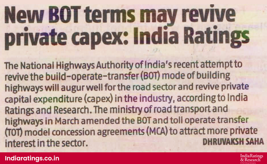 #IndiaRatingsFeatured on @bsindia

'New BOT terms may revive private capex: India Ratings'

#IndiaRatings #NHAI #BOT #MCA #CapitalExpenditure