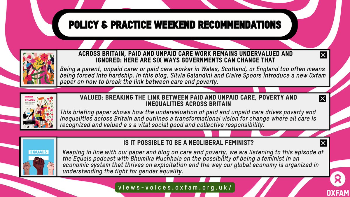 What do we want? Care work to be #Valued! When do we want it? Now! Learn more in our weekly recommendations: 🟩 How governments can value care work - views-voices.oxfam.org.uk/2024/04/britai… 🟩#Valued: policy-practice.oxfam.org/resources/valu… 🟩@EQUALSHope podcast w/ Bhumika Muchhala: shows.acast.com/5fd1d0b2a8ff37…