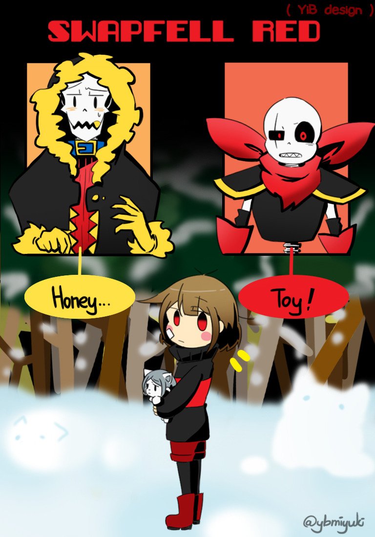 And there's Swapfell Red. The AU was made to separate the old Fellswap designs from the new ones. It's mostly a Frans/Papyfrisk AU 😐. Sans is called Razz and Papyrus is called Mutt. Sans' personality here is more like Swapfell Sans while Papyrus is more like Fellswap Papyrus.