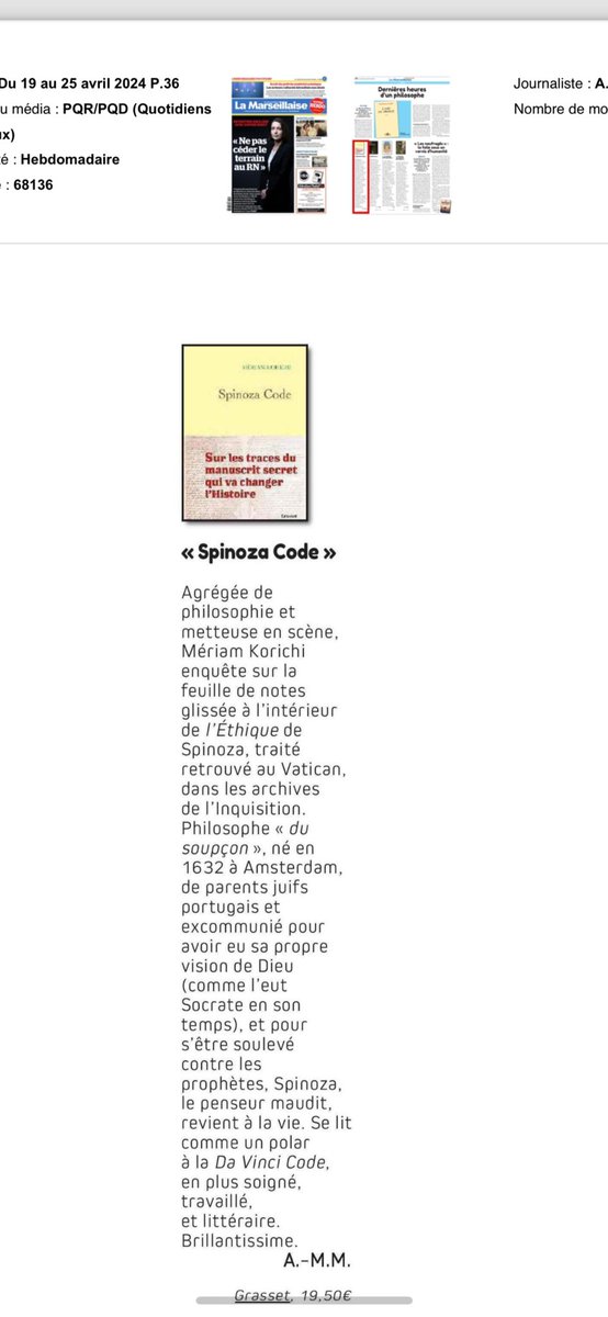 Article sur Spinoza Code dans @lamarsweb 🤩💃🏼 @EditionsGrasset #spinoza #philosophie #connaissance #recit #epopee #autonomieintellectuelle #naturalisme