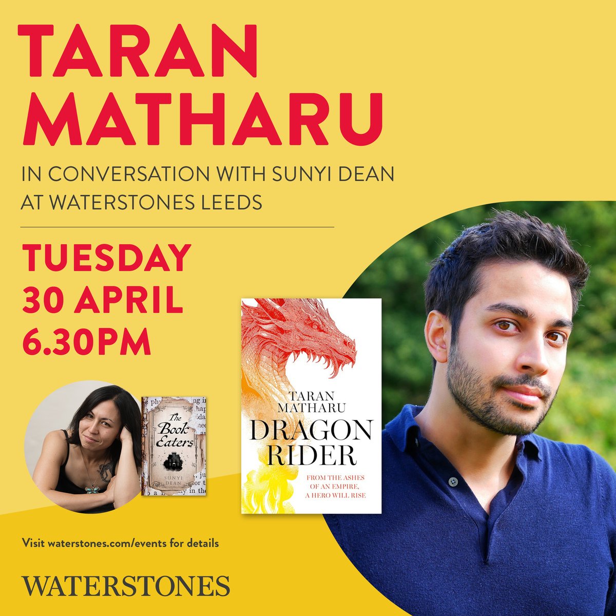 Don't miss out on these upcoming events with @TaranMatharu1, author of DRAGON RIDER! Tickets available from the links in our bio 🎫 #HarperVoyager #HarperVoyagerUK #FantasyEvents #FantasyBooks #FantasyWriters #DragonBooks @waterstonesyeo @WstonesLeeds @WaterstonesTraf