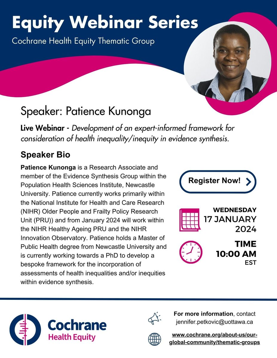 Watch our very own <a href="/KunongaPatience/">Patience Kunonga (Tafadzwa)</a>
present a webinar on the development of a framework for considering equity in evidence synthesis for
<a href="/CochraneEquity/">Cochrane Equity</a> - video can be found here: opfpru.nihr.ac.uk/our-research/e…
