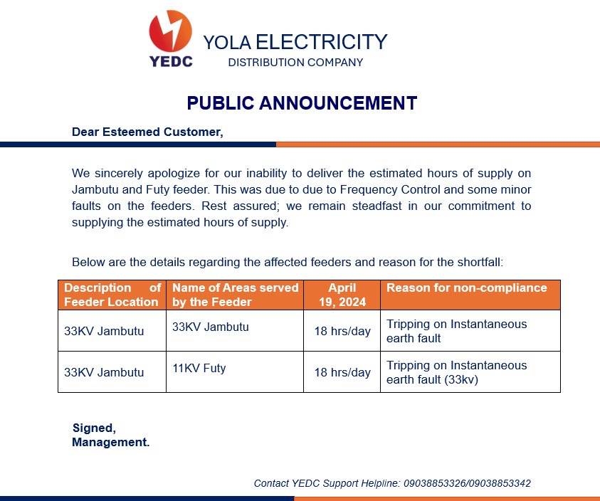 SERVICE DISRUPTION NOTICE

#YEDC #Adamawa #WeAreHereToServe