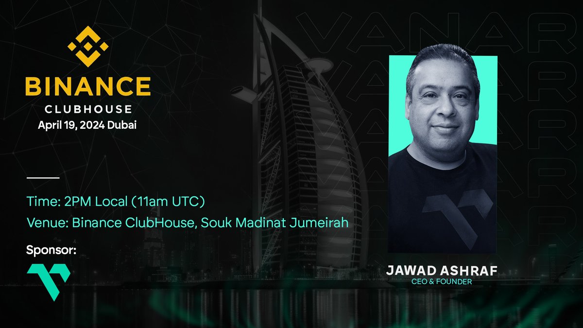 As part of our #TOKEN2049 activites, join us today at 10 AM UTC for an insightful session with our CEO @JawadVirtua talking Vanar at the @Binance Unlocked Event 💚💛 📍 Location: Souk Madinat Jumeirah, Dubai, #BinanceClubHouse Don't miss out on engaging discussions and