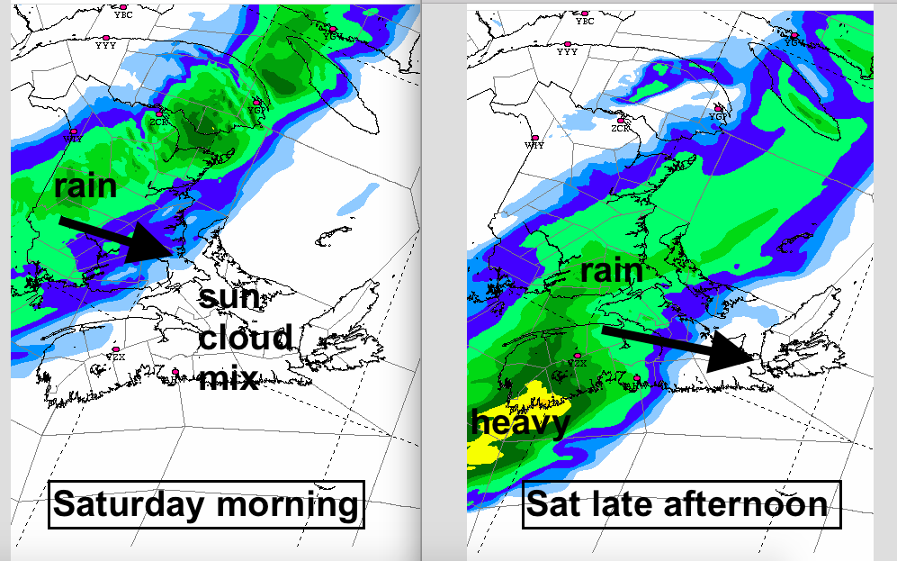 Cool start but nice sunshine today, a couple degrees warmer than Thurs with lighter winds. A band of rain into NB Sat am, then PEI & W NS Sat aftn and E NS in the eve (4-5pm HFX). Clearing Sunday. Just brief showers/flurries north on Monday and Fine Tues-Wed. Next rain Thurs?