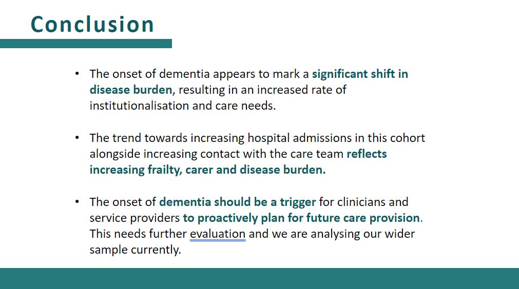 The onset of #dementia appears to mark a significant shift in disease burden, resulting in an increased rate of institutionalisation and care needs #Parkinsons #BGSconf