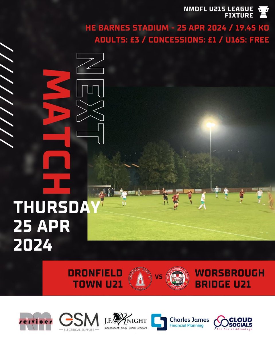 🗣️ Last Home U21s Fixture of 23/24 📅25.04.2024 🆚@WorsbroughBFC U21s 🕰️7:45pm Kick Off 🏟️HE Barnes Stadium 🏆@NMDFL League Game 🎟️Adults: £3, Concs: £1, U16s: Free 🍟Food Available from 7:00pm Would be great to get as many fans as possible through the gates.