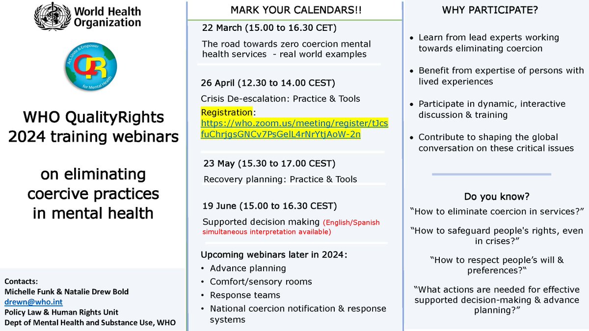 The @WHO #QualityRights webinar series focuses on eliminating coercive practices in mental health. The next event on Crisis De-escalation takes place on 26 April. Register at who.zoom.us/meeting/regist… #PsychologicalRestraint #ReducingRestrictivePractices #HumanRights