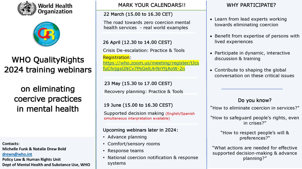 Restraint Reduction Network (@therrnetwork) on Twitter photo The <a href="/WHO/">World Health Organization (WHO)</a> #QualityRights webinar series focuses on eliminating coercive practices in mental health.
The next event on Crisis De-escalation takes place on 26 April. Register at who.zoom.us/meeting/regist…
#PsychologicalRestraint #ReducingRestrictivePractices #HumanRights The <a href="/WHO/">World Health Organization (WHO)</a> #QualityRights webinar series focuses on eliminating coercive practices in mental health.
The next event on Crisis De-escalation takes place on 26 April. Register at who.zoom.us/meeting/regist…
#PsychologicalRestraint #ReducingRestrictivePractices #HumanRights