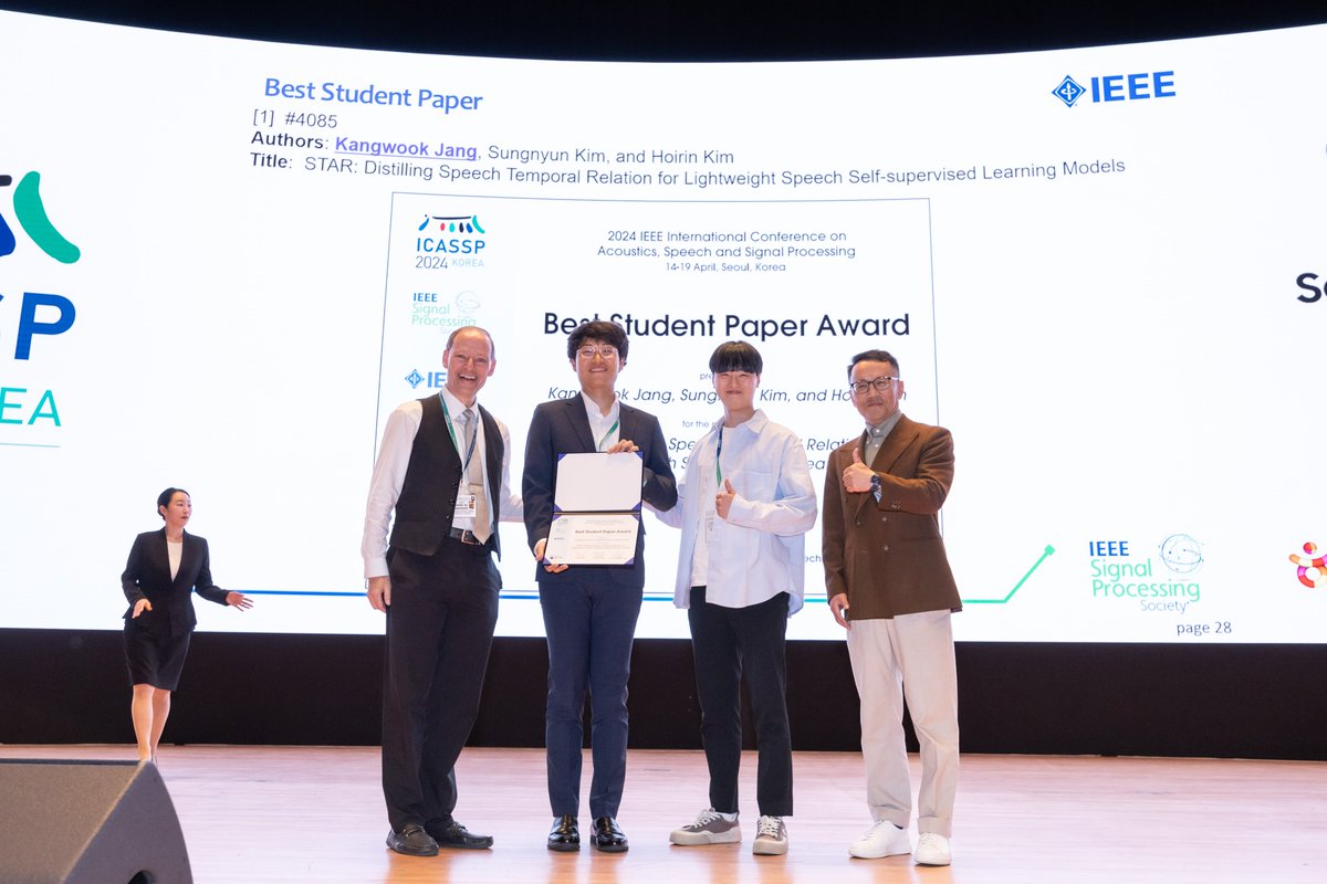 ieeeICASSP's tweet photo. Best Student Paper award: “STAR: Distilling Speech Temporal Relation for Lightweight Speech Self-Supervised Learning Models” by Kangwook Jang, Sungnyun Kim, and Hoirin Kim.
https://t.co/0SRSyagwOg https://t.co/rW5Glgdtam