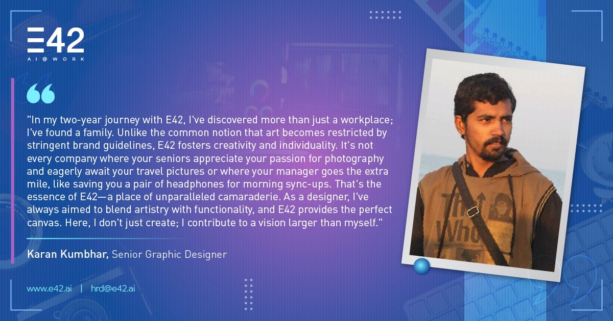 Congrats Karan Kumbhar on 2 remarkable years at #E42! Your designs, a fusion of creativity & practicality, have redefined our visual identity. Here’s to the exciting journey ahead! Explore opportunities at:  bitly.ws/3ijIY
 
#workanniversary #youngtalents #LifeatE42