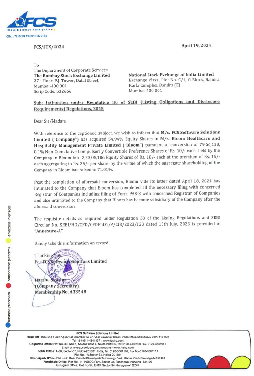 FCS Software Solutions Ltd 3.92

Announcement:
M/s. FCS Software Solutions Limited ('Company') has acquired 54.94% Equity Shares in M/s. Bloom Healthcare and Hospitality Management Private Limited ('Bloom')

#FCSSOFT #ACQUISITION |  #stockmarketindia