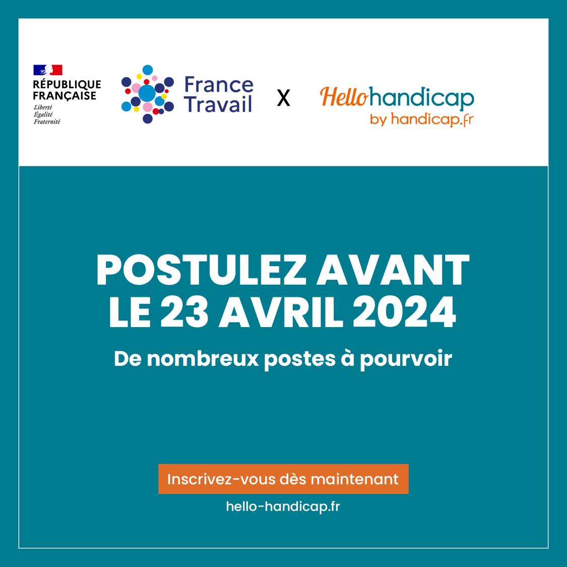 [J-4] France Travail partenaire du salon de #recrutement en ligne #HelloHandicap du 23 au 26 avril 2024 🗓️ Près de 160 employeurs se mobilisent #AvecFranceTravail pour favoriser l'#inclusion professionnelle des personnes en situation de #handicap ➡️ hello-handicap.fr/home #RQTH