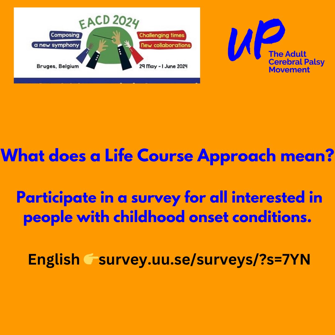 What does a Life Course Approach mean? Participate in a survey for all interested in people with childhood onset conditions. English 👉survey.uu.se/surveys/?s=7YN… Français 👉 Enquête sur l'Approche Parcours de Vie survey.uu.se/surveys/?s=9DW… @EACD2024 @upmovement_cp @FondationPC