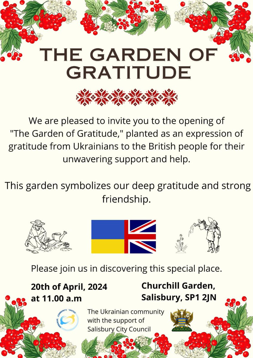 An invitation from the Ukrainian community to the people of Britain. Tomorrow, Saturday 20th April, in the Churchill Gardens, Salisbury, at 11am. @SalisburyCC #salisbury #ukraine #garden #gratitude #invitation