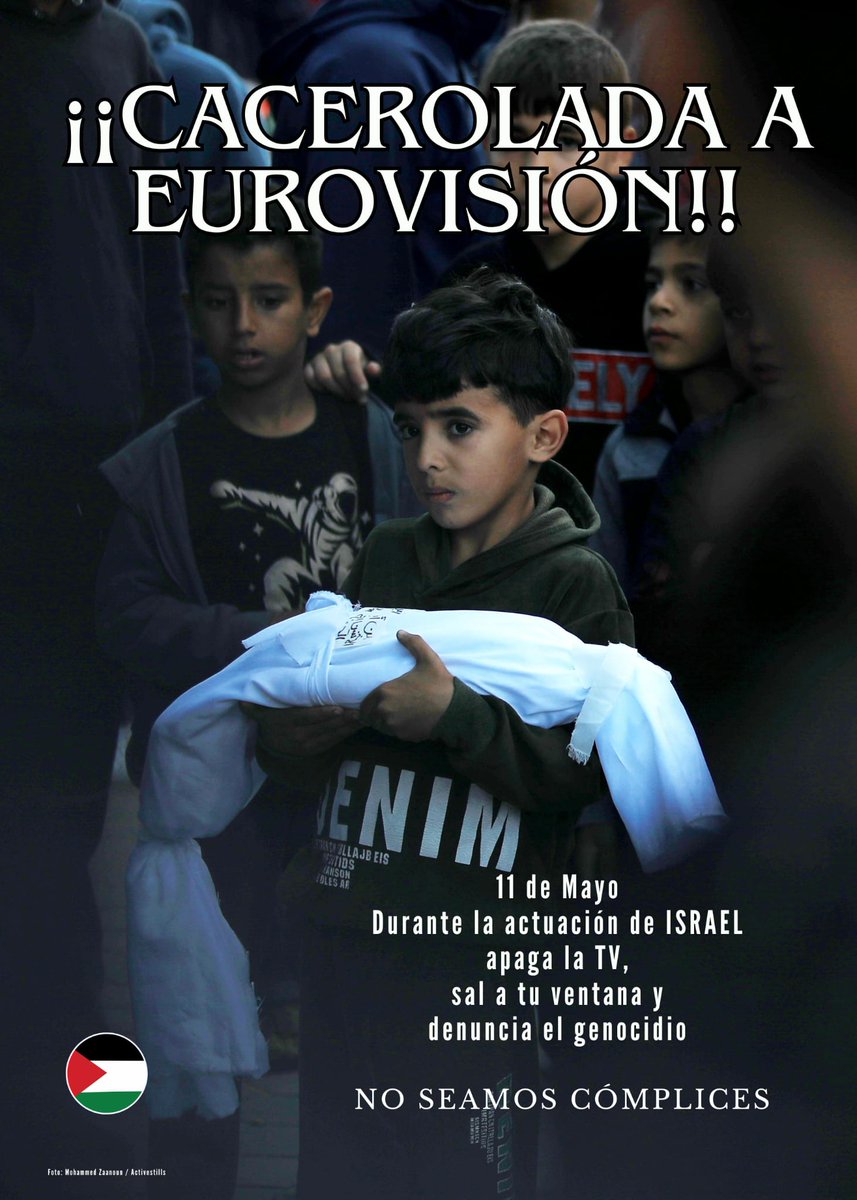 Desde #SanitarioakPalestinarekin nos invitan a participar y difundir esta bonita convocatoria de #Cacerolada contra #Eurovisión. Paremos a Israel‼️, los criminales han de ser aislados y no pueden ser premiados, no más impunidad, no más guerra, no más apartheid #freePalestine