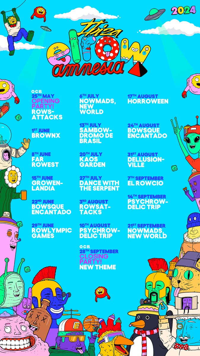 With @elrow_ Each week, is a different adventure where confetti, music, and dance will never be missing! 🕺🏼🎉 We can't wait to return to the beautiful island and dance all night long together! It's almost here! 🔥 Who's joining us for the grand opening with Rowsattacks? 👽🛸