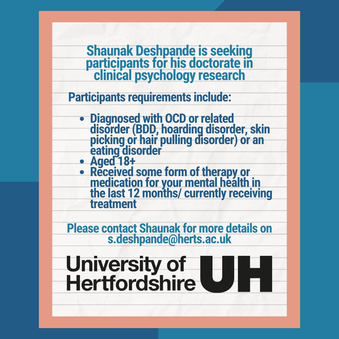 🧠 Have you been diagnosed with OCD, BDD, a related disorder or an eating disorder? 🖱️ Swipe to see the requirements to take part or participate here - research.sc/participant/lo… 📩 Please contact s.deshpande@herts.ac.uk for any questions about the study.